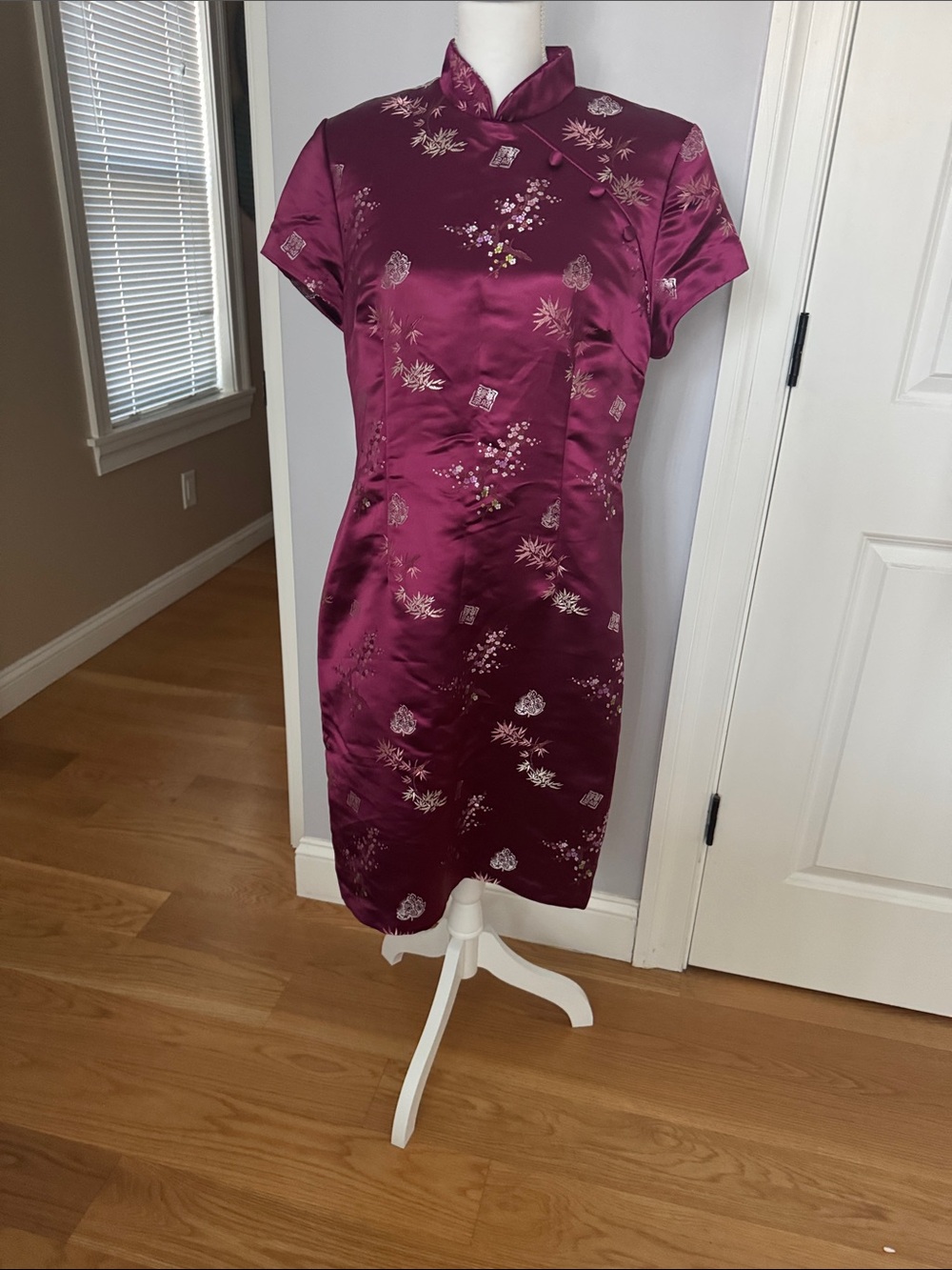 Jessica Howard Plum Satin Mandarin-Collar Dress